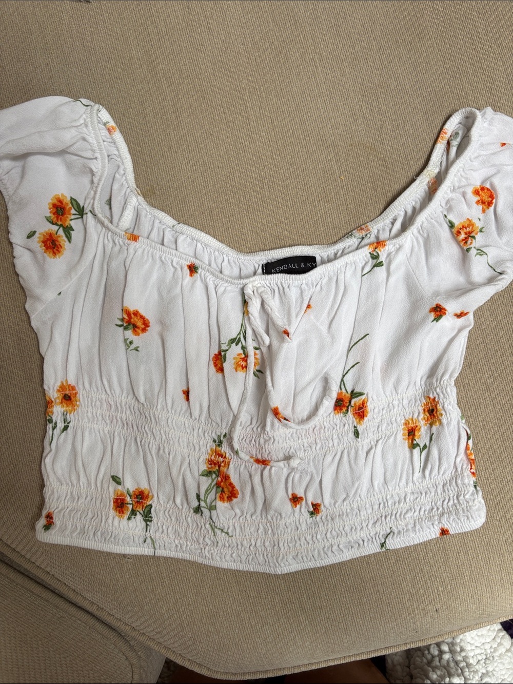 Kendall & Kylie White Floral Smocked Crop Top with Orange Blossoms